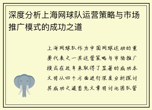 深度分析上海网球队运营策略与市场推广模式的成功之道